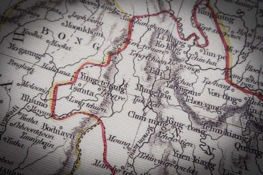 Old map of China and Burma closeup